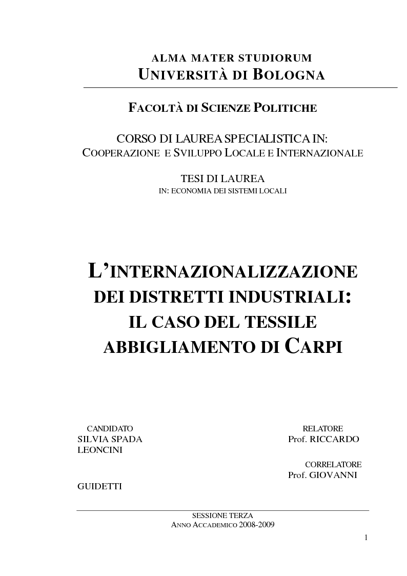 Anteprima della tesi: L’internazionalizzazione dei distretti industriali: il caso del tessile abbigliamento di Carpi, Pagina 1