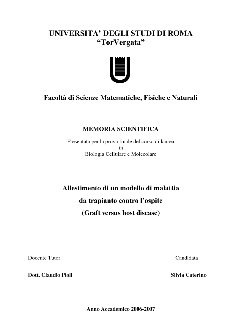 Anteprima della tesi: Allestimento di un modello di malattia da trapianto contro l'ospite (Graft versus host disease), Pagina 1
