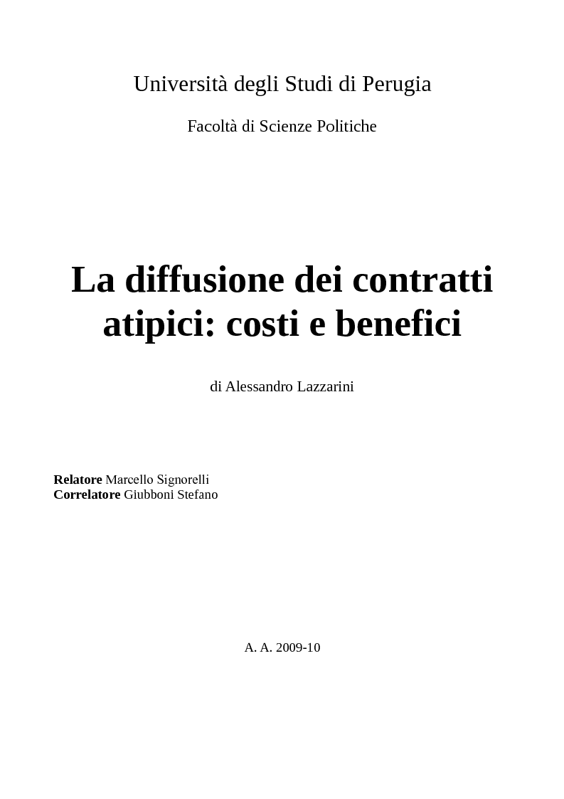 Anteprima della tesi: La diffusione dei contratti atipici: costi e benefici, Pagina 1