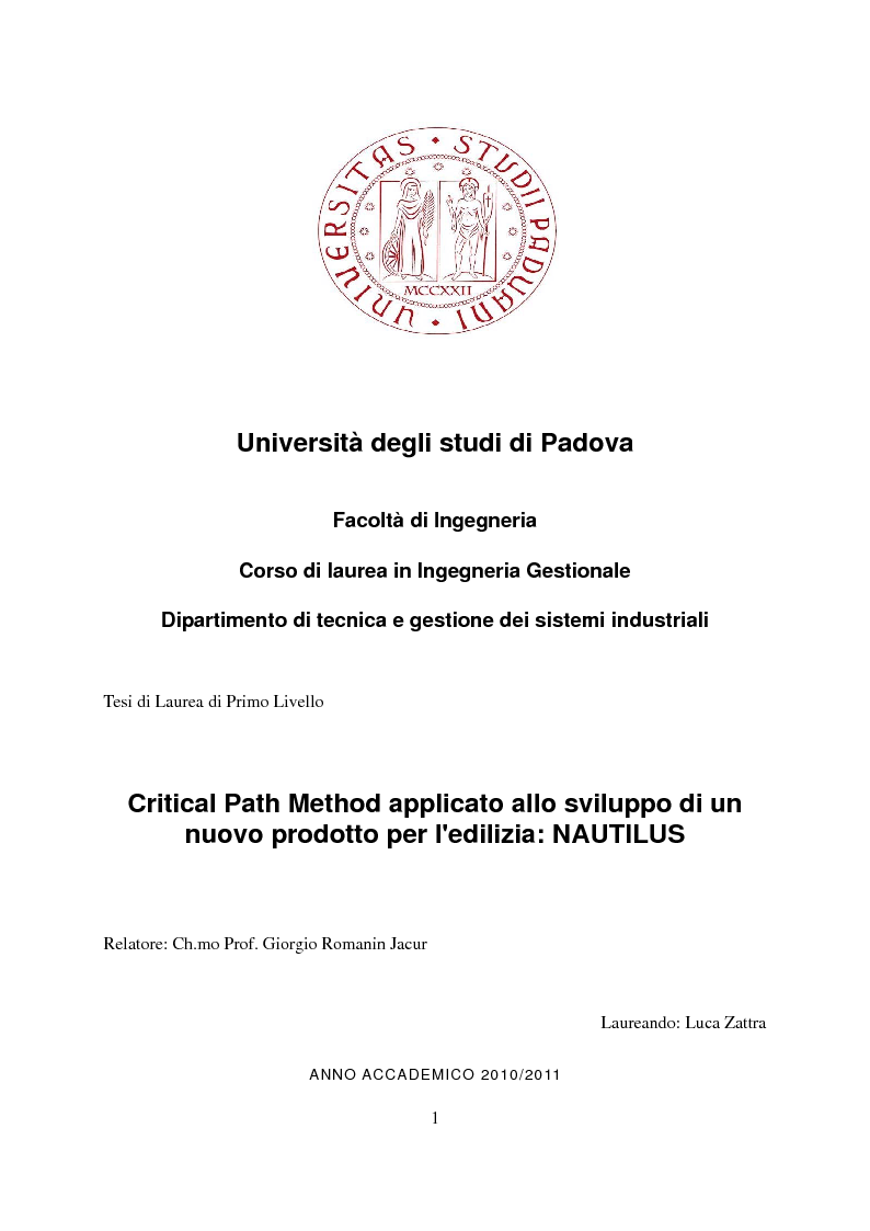 Anteprima della tesi: Critical Path Method applicato allo sviluppo di un nuovo prodotto per l'edilizia: NAUTILUS, Pagina 1