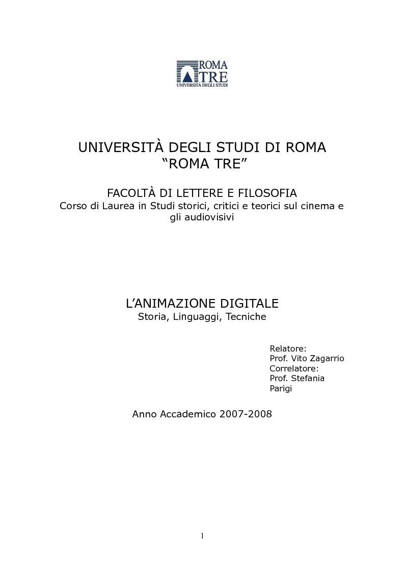 Anteprima della tesi: L'animazione digitale: storia, linguaggi, tecniche, Pagina 1