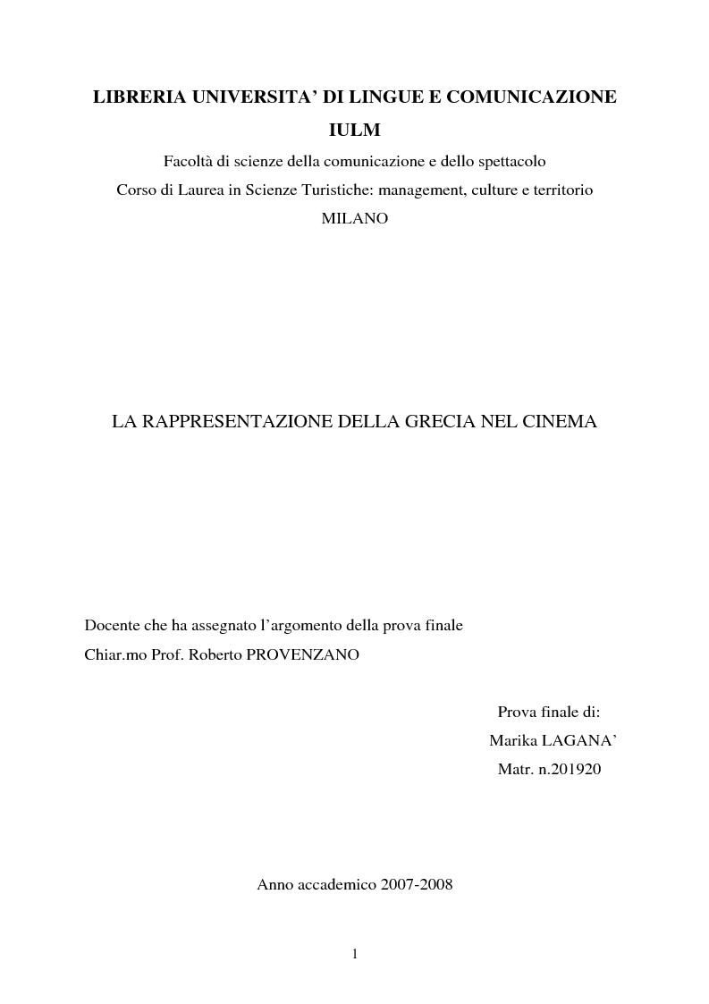 Anteprima della tesi: La rappresentazione della Grecia nel cinema, Pagina 1