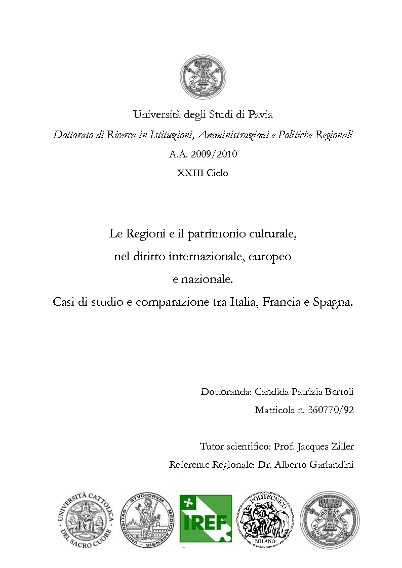 Anteprima della tesi: Le Regioni e il patrimonio culturale nel diritto internazionale, europeo e nazionale. Casi di studio e comparazione tra Italia, Francia e Spagna, Pagina 1