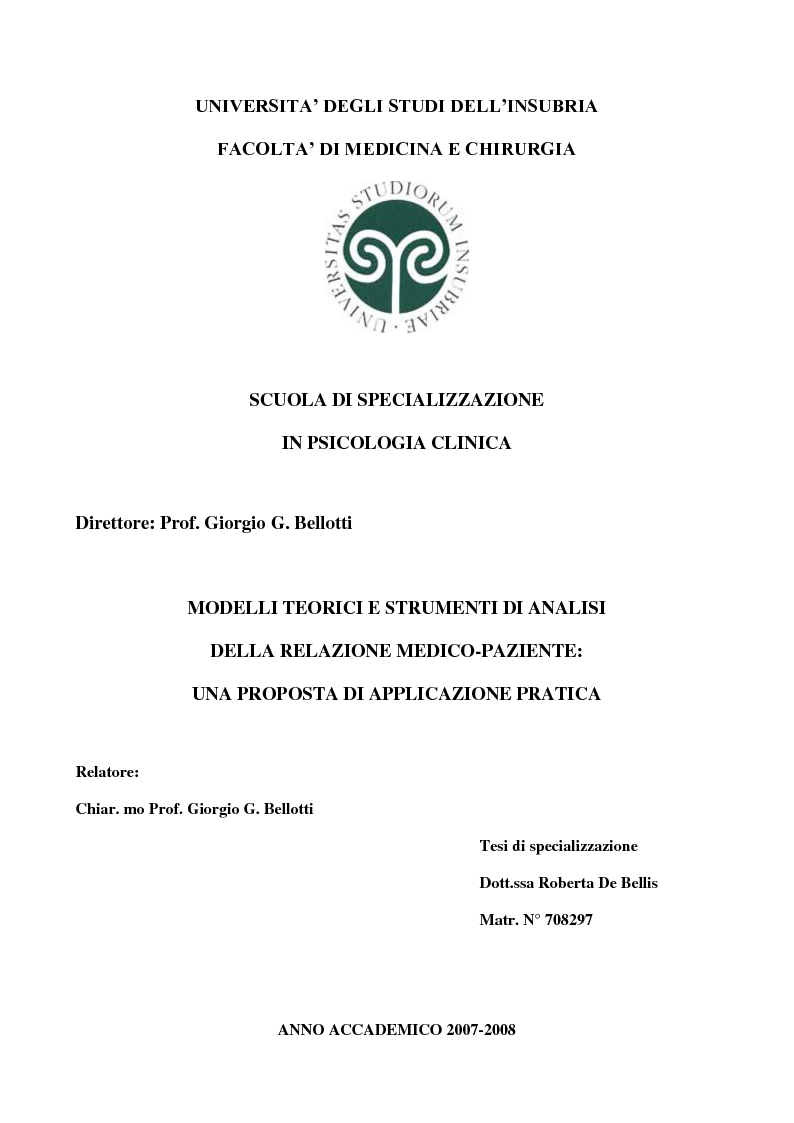 Anteprima della tesi: Modelli teorici e strumenti di analisi della relazione medico-paziente: una proposta di applicazione pratica., Pagina 1