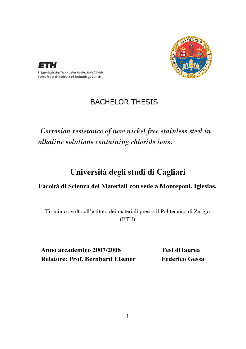 Anteprima della tesi: Corrosion resistance of new nickel free stainless steel inalkaline solutions containing chloride ions, Pagina 1