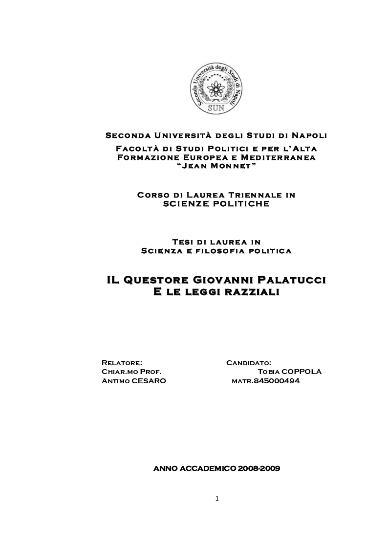 Anteprima della tesi: Il Questore Giovanni Palatucci e le leggi razziali, Pagina 1