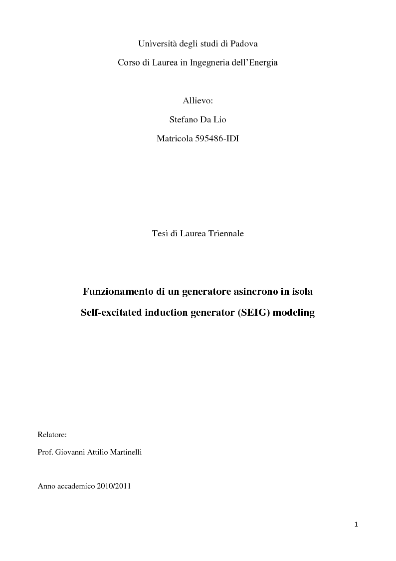 Anteprima della tesi: Funzionamento di un generatore asincrono in isola, Pagina 1