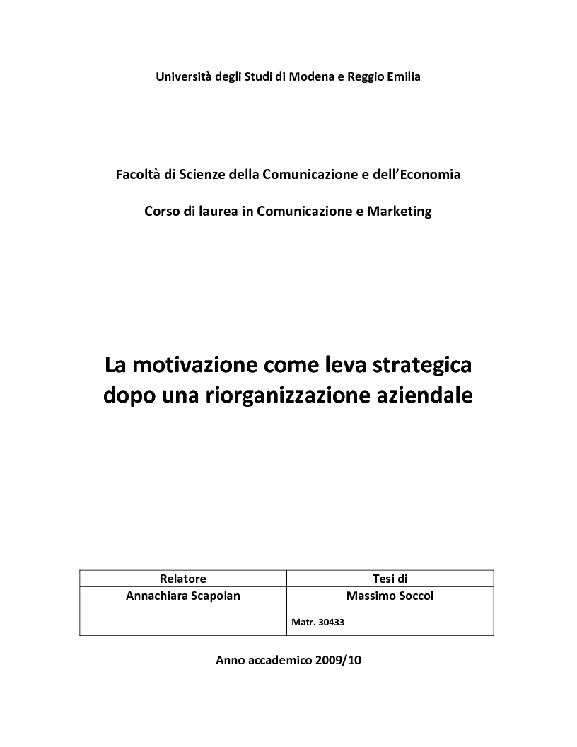 Anteprima della tesi: La motivazione come leva strategica dopo una riorganizzazione aziendale, Pagina 1