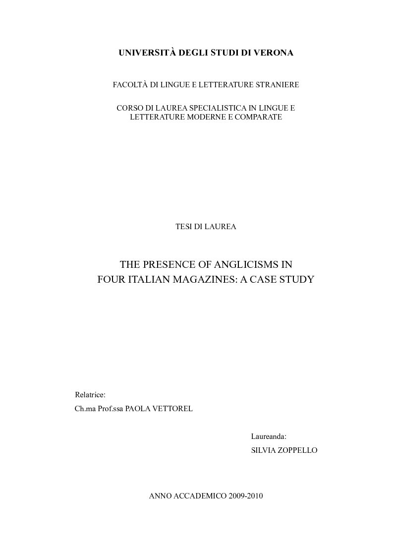 Anteprima della tesi: The Presence of Anglicisms in four italian Magazines: a Case Study, Pagina 1