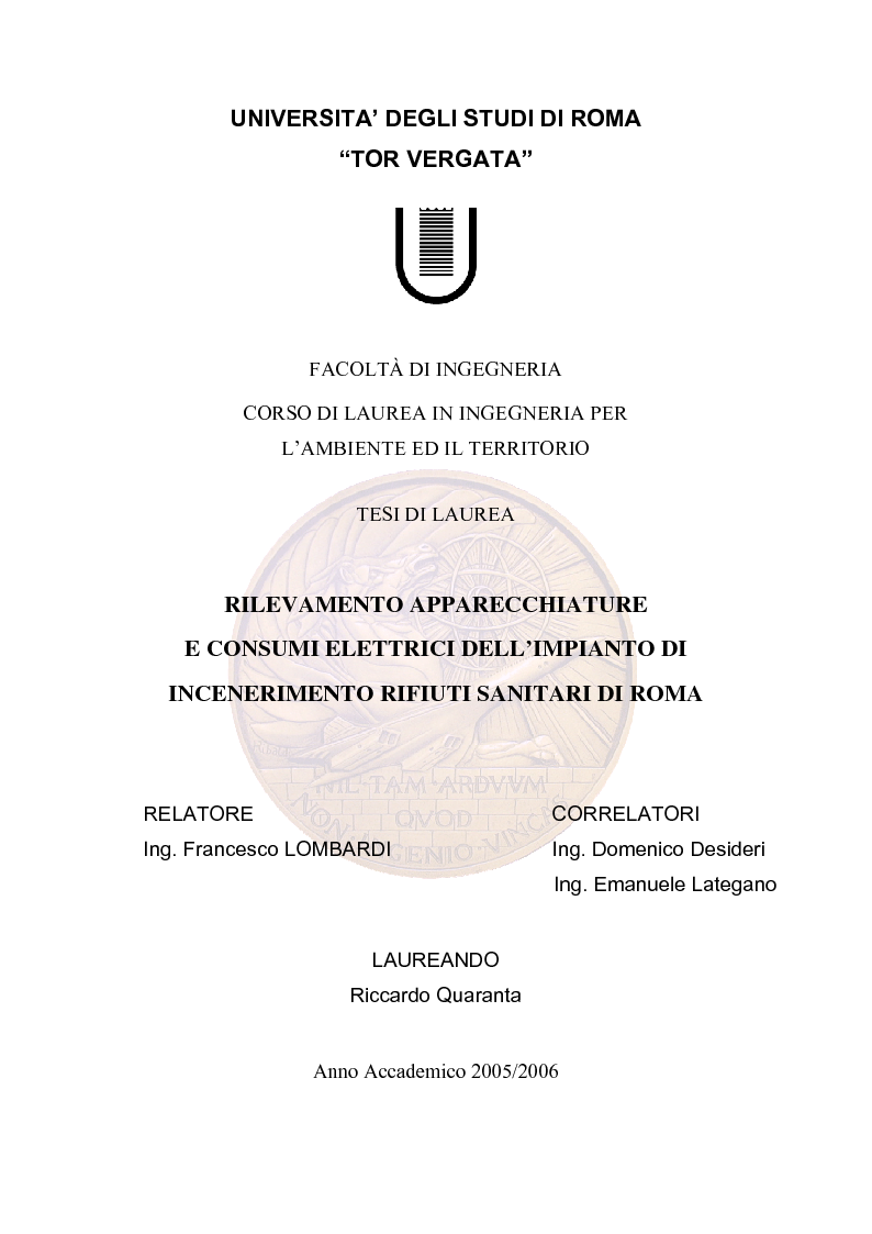 Anteprima della tesi: Rilevamento apparecchiature e consumi elettrici dell'impianto di incenerimento rifiuti sanitari di Roma, Pagina 1