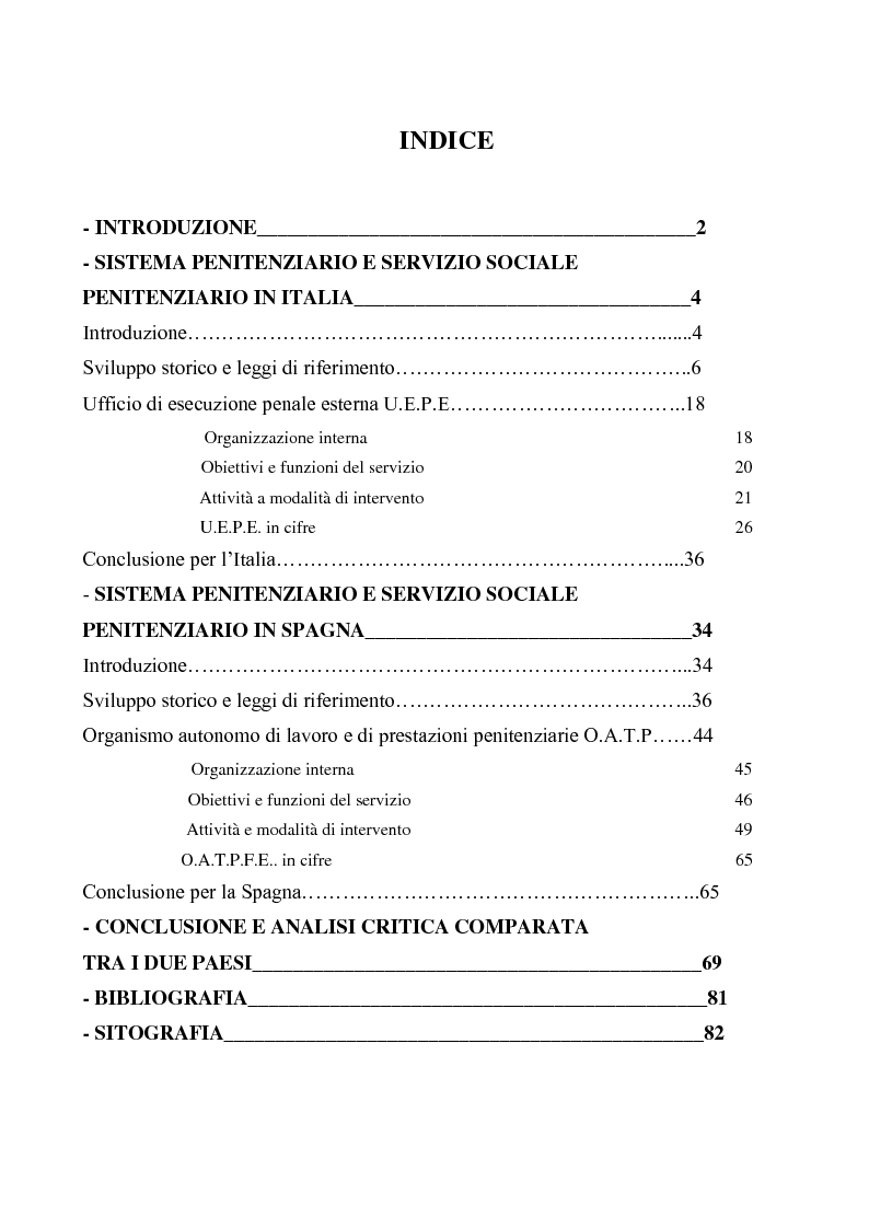 Indice della tesi: Servizio sociale e sistema penitenziario, tesi comparativa sulla rieducazione penitenziaria in Italia e in Spagna, Pagina 1