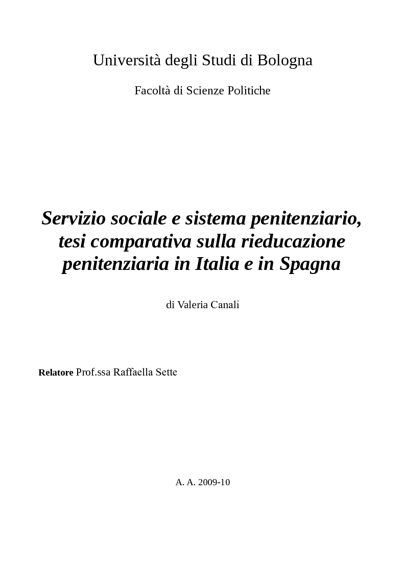 Anteprima della tesi: Servizio sociale e sistema penitenziario, tesi comparativa sulla rieducazione penitenziaria in Italia e in Spagna, Pagina 1