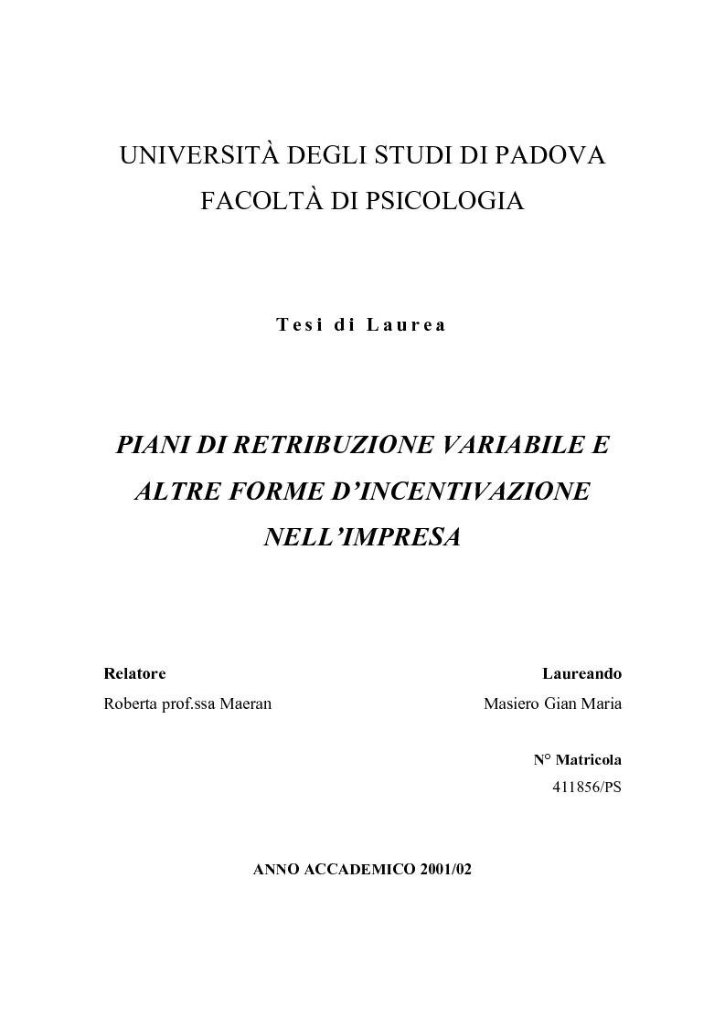 Anteprima della tesi: Piani di retribuzione variabile e altre forme d'incentivazione nell'impresa, Pagina 1