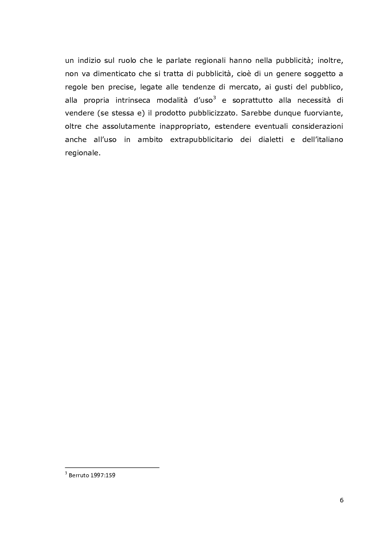 Anteprima della tesi: Usi e funzioni del dialetto e delle varietà di italiano regionale in pubblicità: analisi di un corpus, Pagina 3