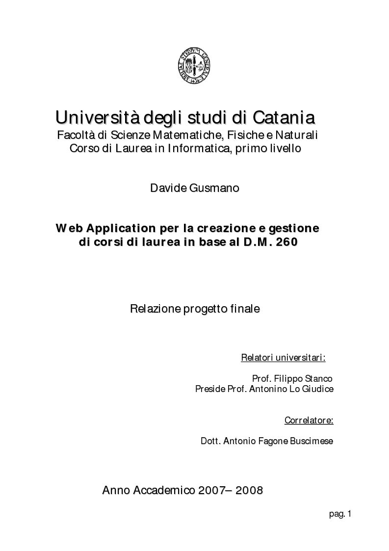 Anteprima della tesi: Web Application per la creazione e gestione di corsi di laurea in base al D.M. 270., Pagina 1