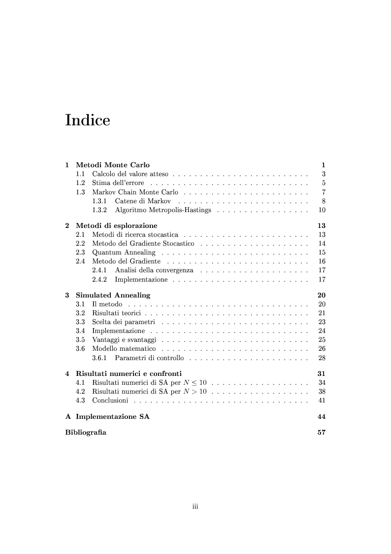 Indice della tesi: Metodi stocastici per la ricerca dei minimi, Pagina 1