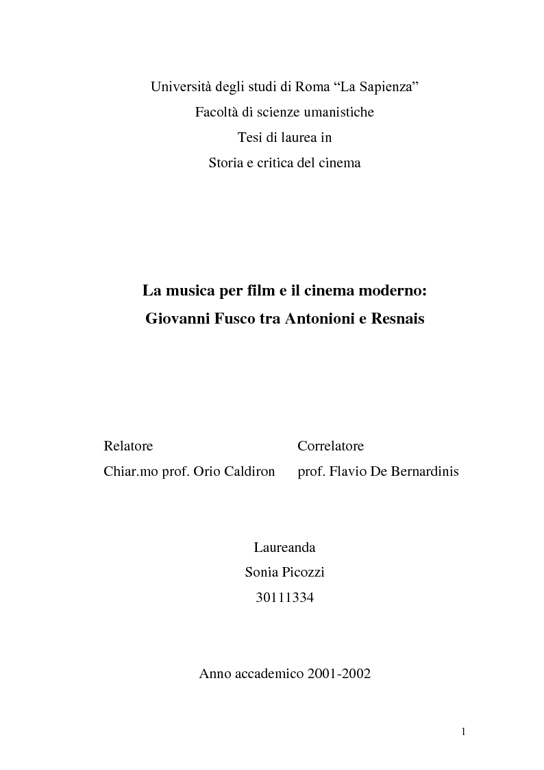 Anteprima della tesi: La musica per film e il cinema moderno. Giovanni Fusco tra Antonioni e Resnais, Pagina 1