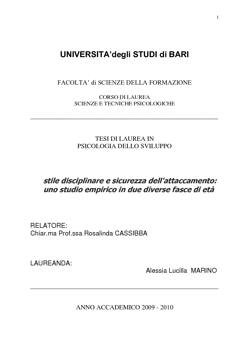 Anteprima della tesi: Stile disciplinare e sicurezza dell'attaccamento: uno studio empirico in due diverse fasce di età., Pagina 1