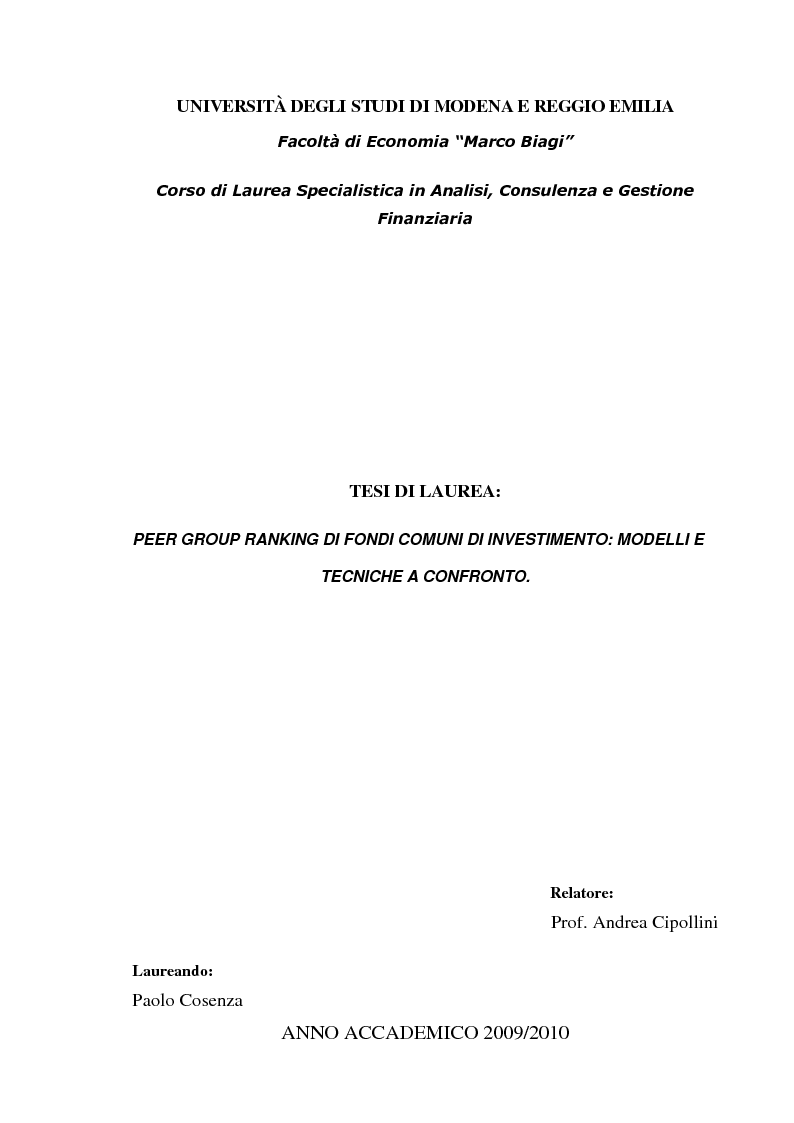 Anteprima della tesi: Peer Group Ranking di Fondi Comuni di Investimento: Modelli e Tecniche a Confronto, Pagina 1