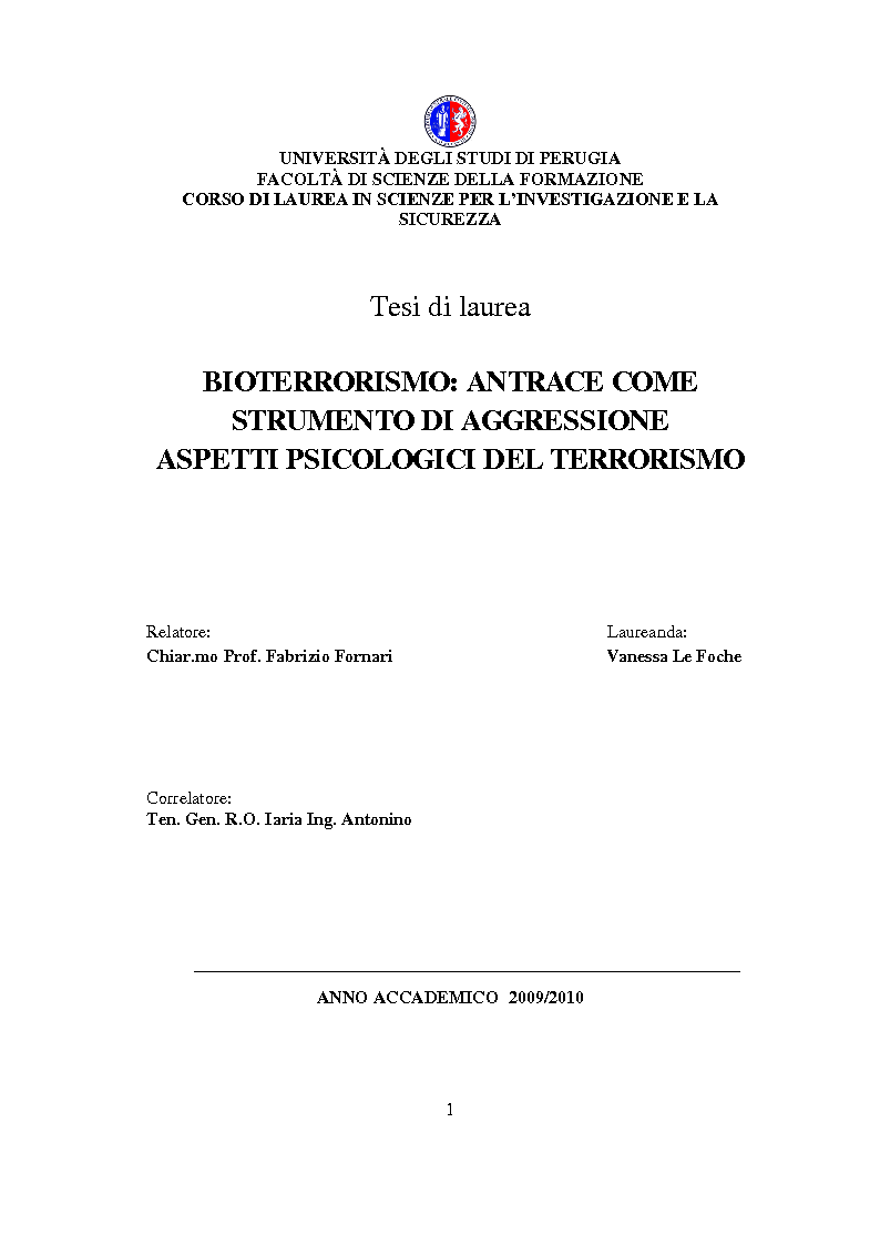 Anteprima della tesi: Bioterrorismo: antrace come strumento di aggressione. Aspetti psicologici del terrorismo, Pagina 1