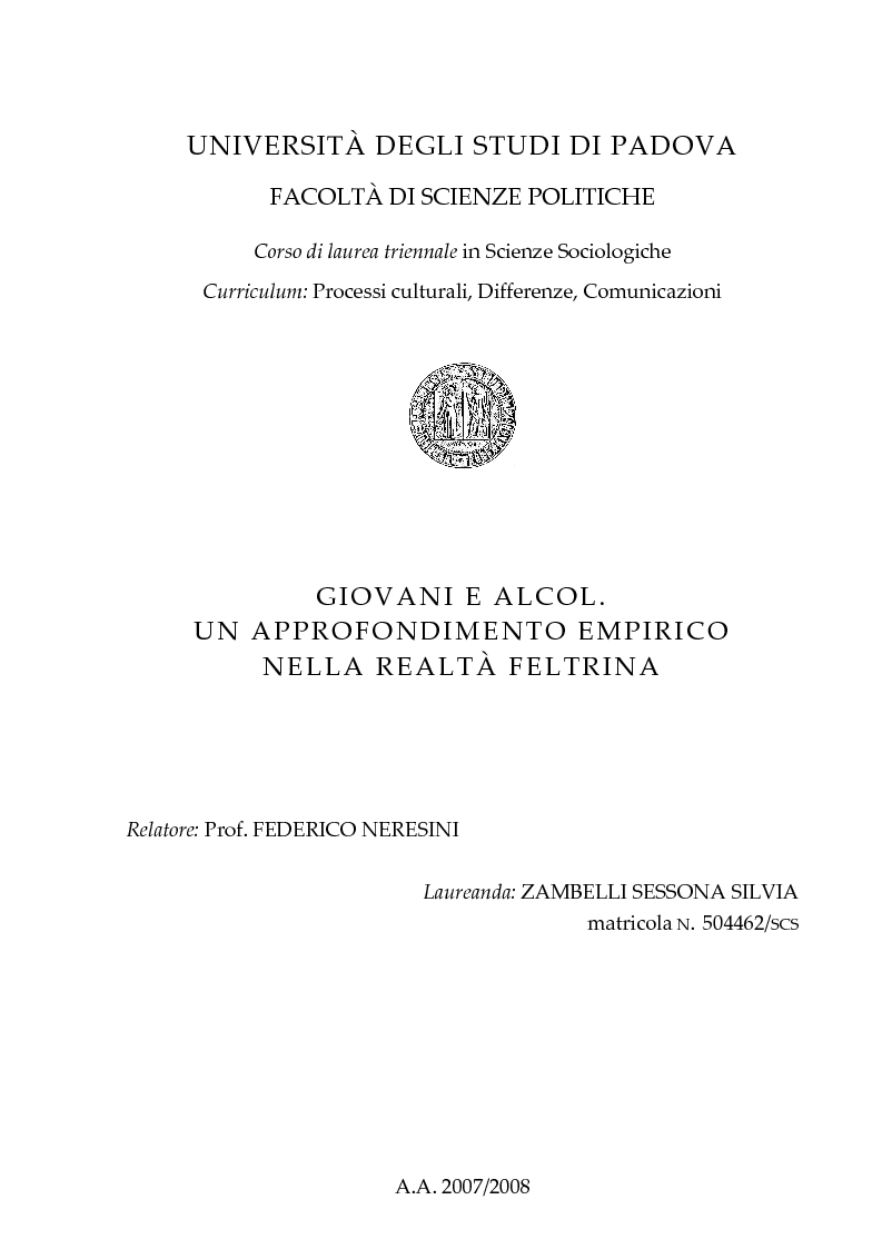 Anteprima della tesi: Giovani e alcol. Un approfondimento empirico nella realtà feltrina, Pagina 1