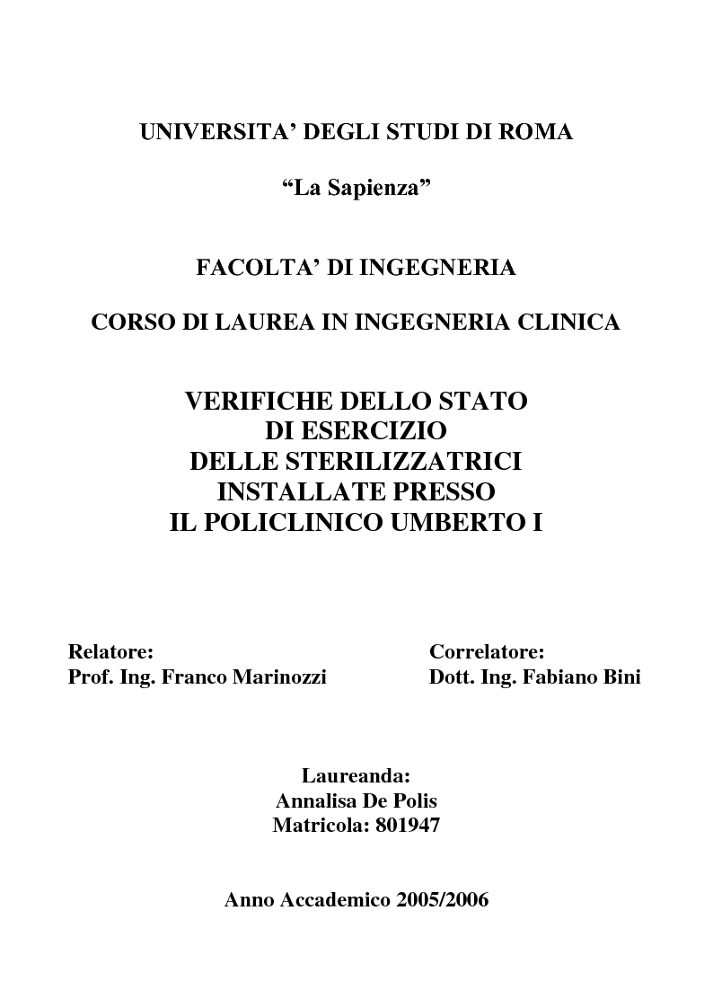 Anteprima della tesi: Verifiche dello stato di esercizio delle sterilizzatrici installate presso il Policlinico Umberto I, Pagina 1