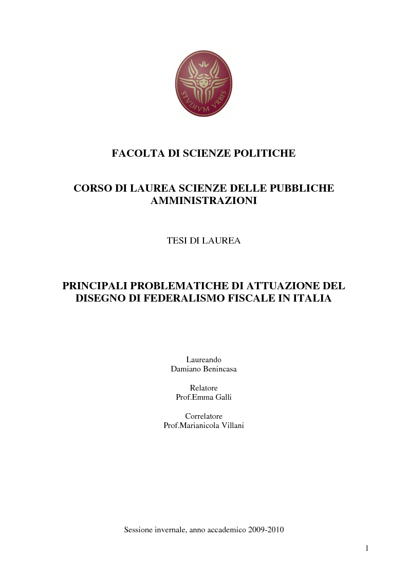 Anteprima della tesi: Principali problematiche di attuazione del disegno di federalismo fiscale in Italia, Pagina 1