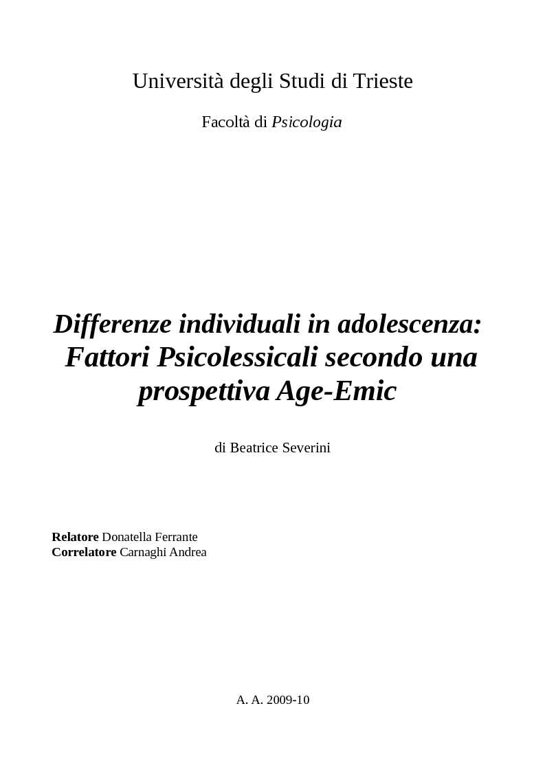 Anteprima della tesi: Differenze individuali in adolescenza: fattori psicolessicali secondo una prospettiva Age-Emic, Pagina 1