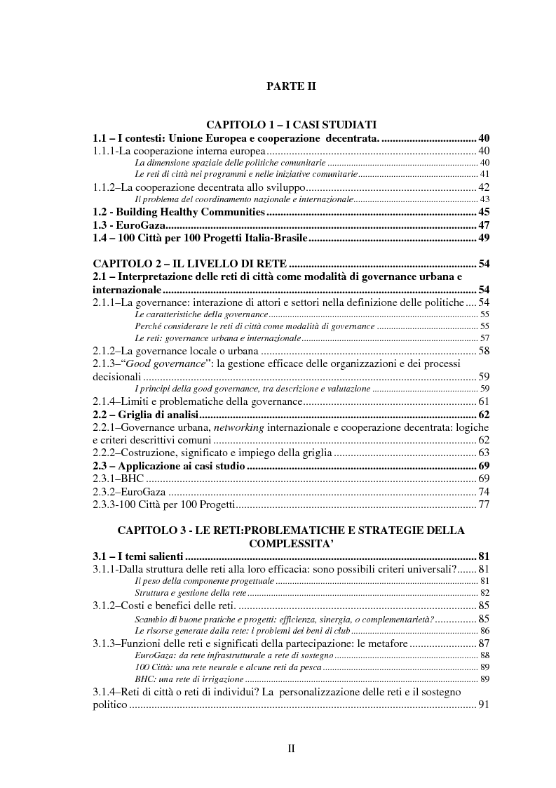 Indice della tesi: Reti internazionali e cooperazione tra città: logiche e problematiche del networking attivo nella definizione di politiche e progetti urbani, Pagina 2