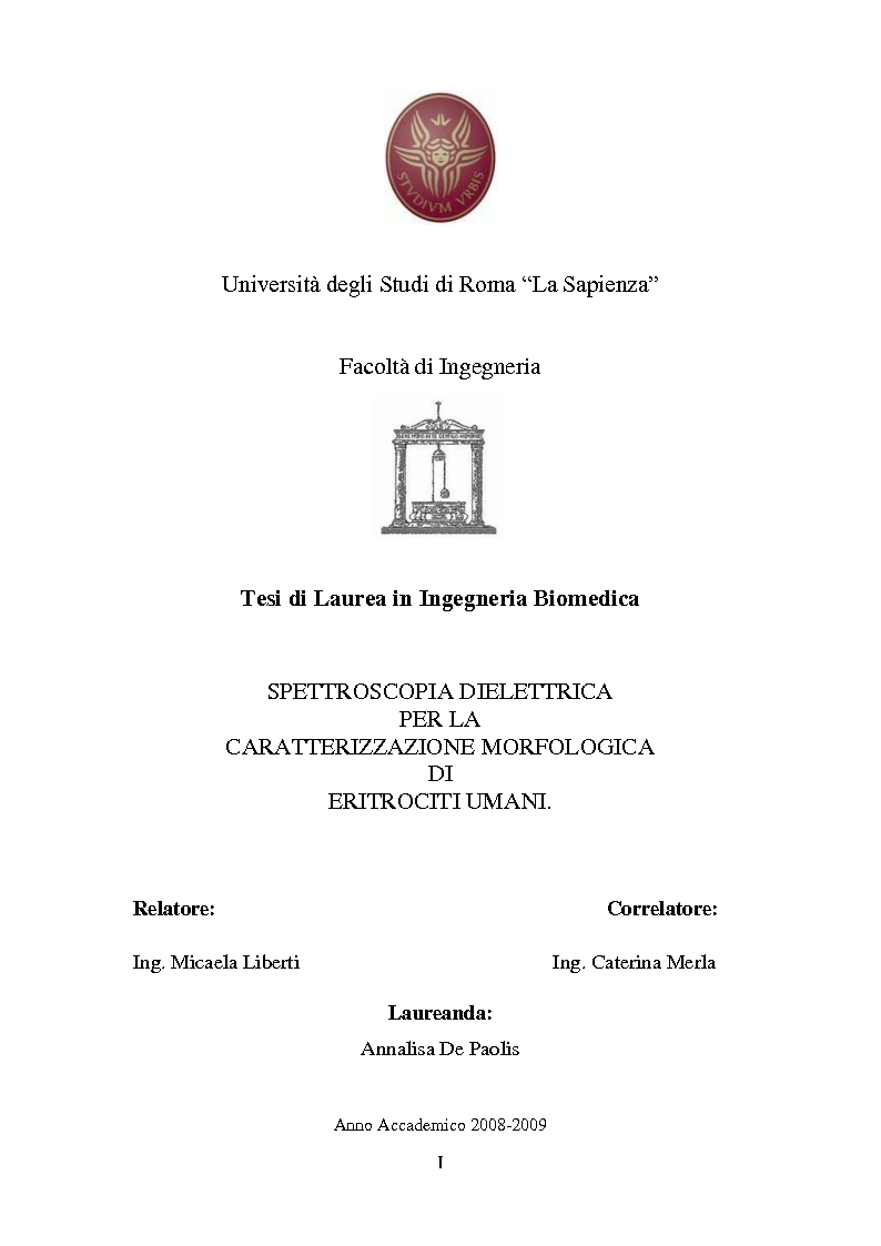 Anteprima della tesi: Spettroscopia dielettrica per la caratterizzazione morfologica di eritrociti umani, Pagina 1