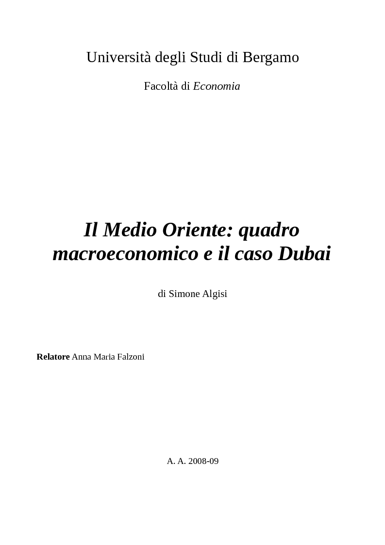 Anteprima della tesi: Il Medio Oriente: quadro macroeconomico e il caso Dubai, Pagina 1
