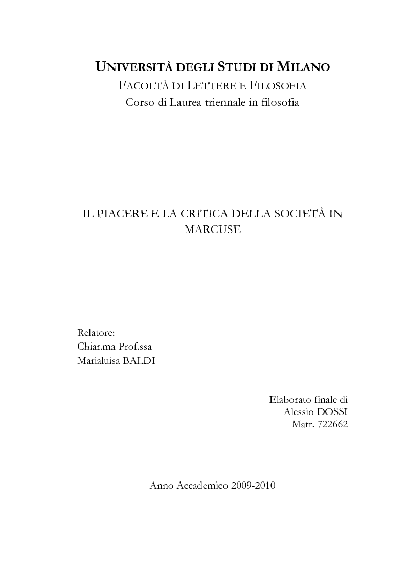 Anteprima della tesi: Il piacere e la critica della società in Marcuse, Pagina 1