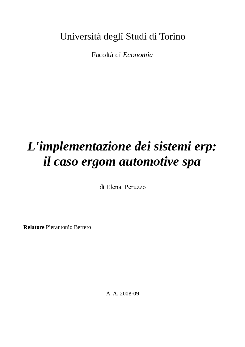 Anteprima della tesi: L'implementazione dei sistemi ERP: il caso Ergom Automotive SpA, Pagina 1