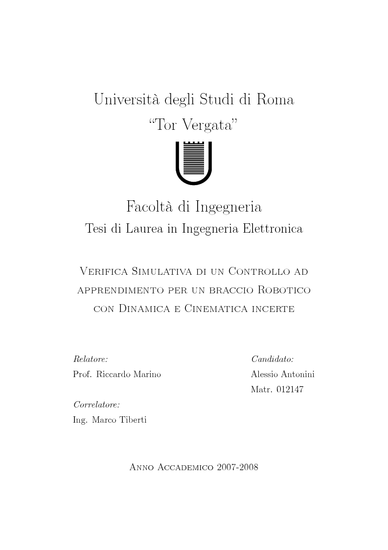 Anteprima della tesi: Verifica simulativa di un controllo ad apprendimento per un braccio robotico con dinamica e cinematica incerte, Pagina 1