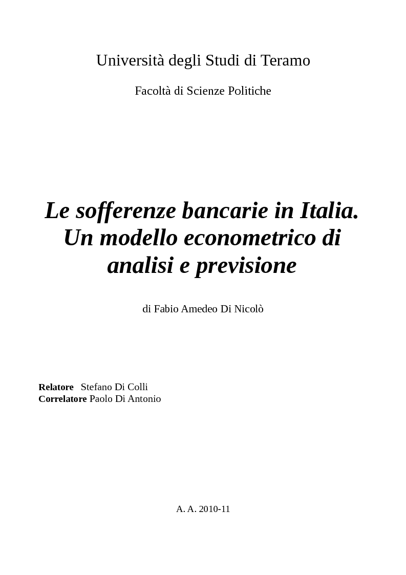Anteprima della tesi: Le sofferenze bancarie in Italia. Un modello econometrico di analisi e previsione, Pagina 1