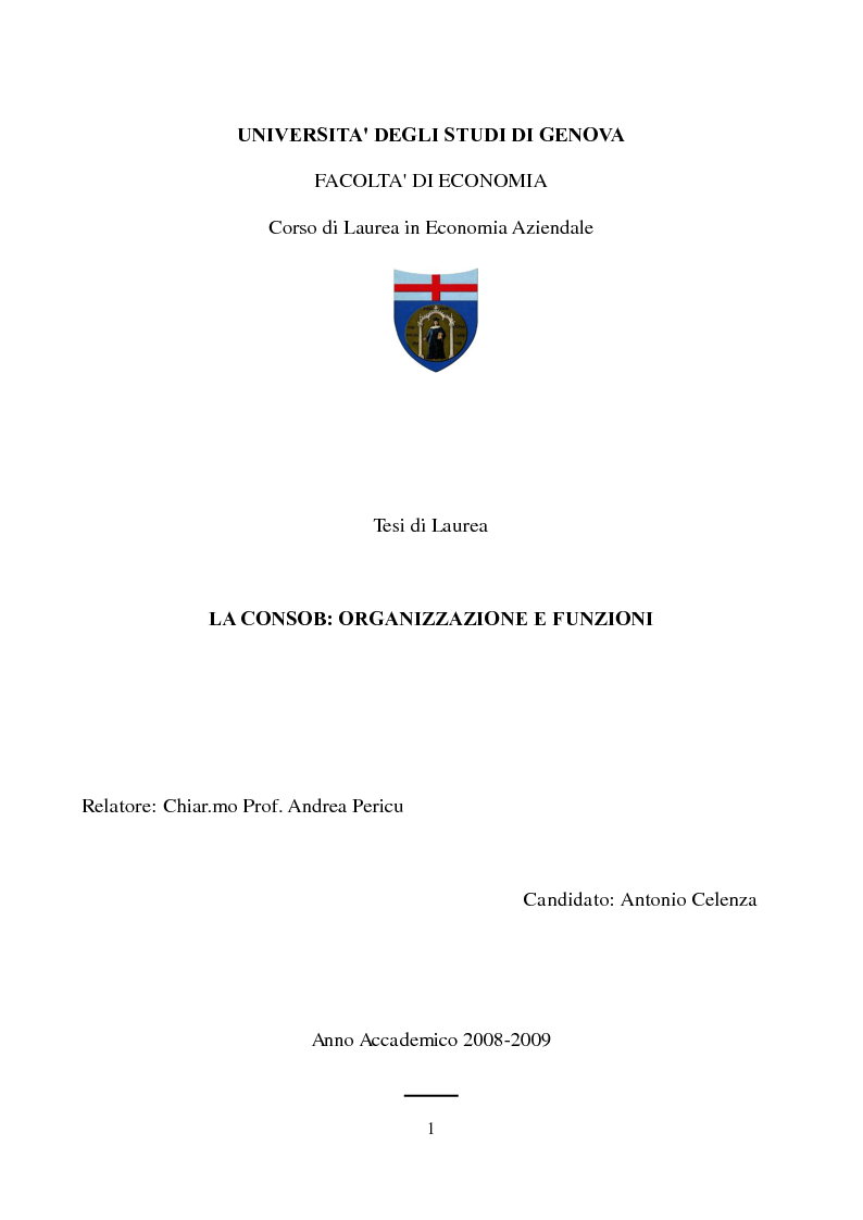 Anteprima della tesi: La Consob: organizzazione e funzioni, Pagina 1