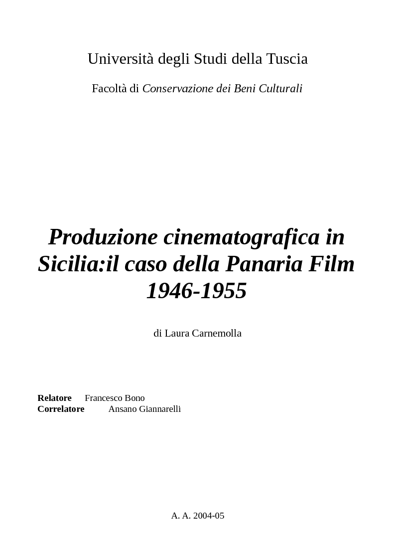 Anteprima della tesi: Produzione cinematografica in Sicilia: il caso della Panaria Film 1946-1955, Pagina 1