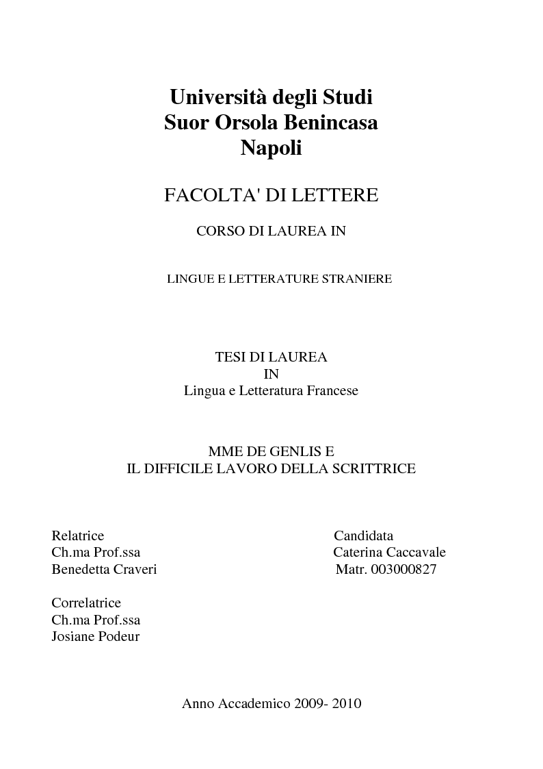 Anteprima della tesi: Mme de Genlis e il difficile mestiere di scrittrice, Pagina 1