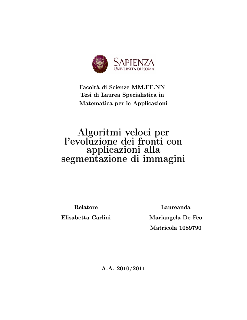 Anteprima della tesi: Algoritmi veloci per l'evoluzione dei fronti con applicazioni alla segmentazione di immagini, Pagina 1
