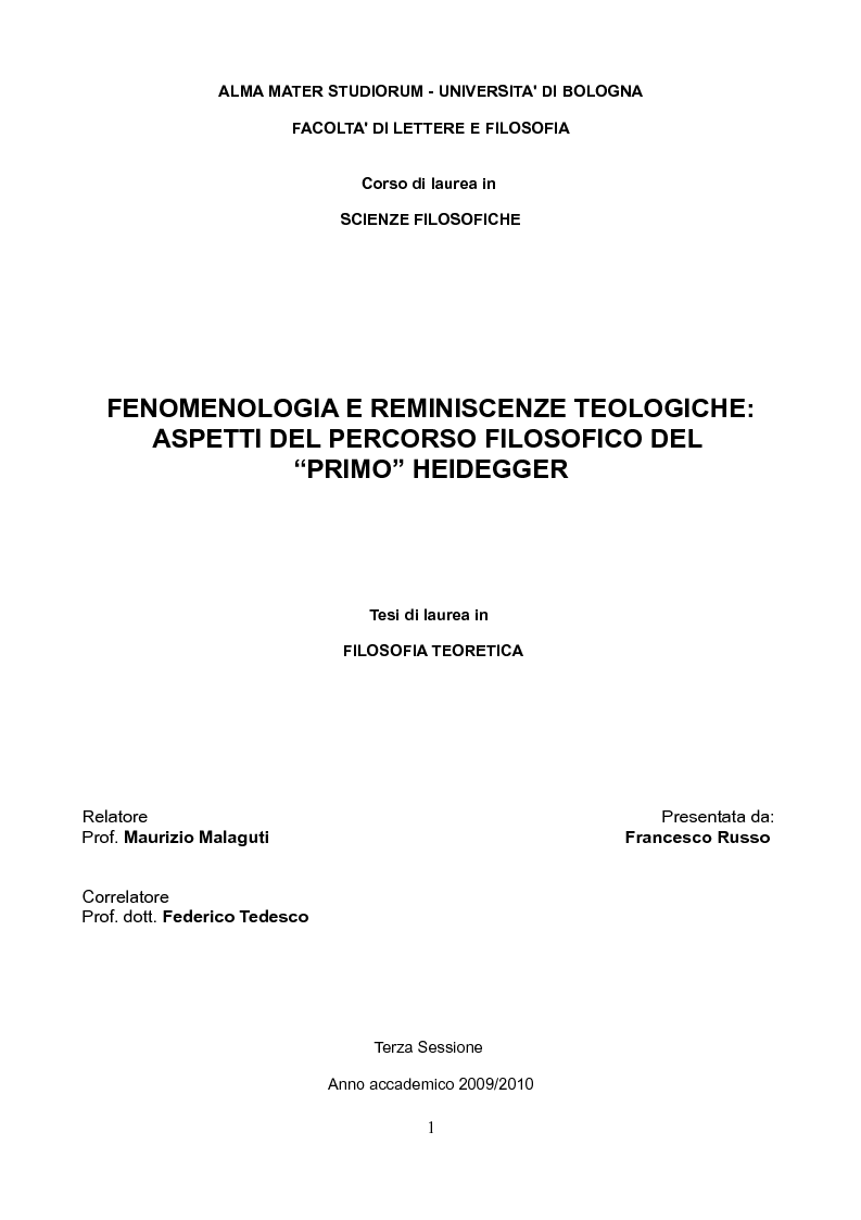 Anteprima della tesi: Fenomenologia e reminiscenze teologiche: aspetti del percorso filosofico del "primo" Heidegger, Pagina 1