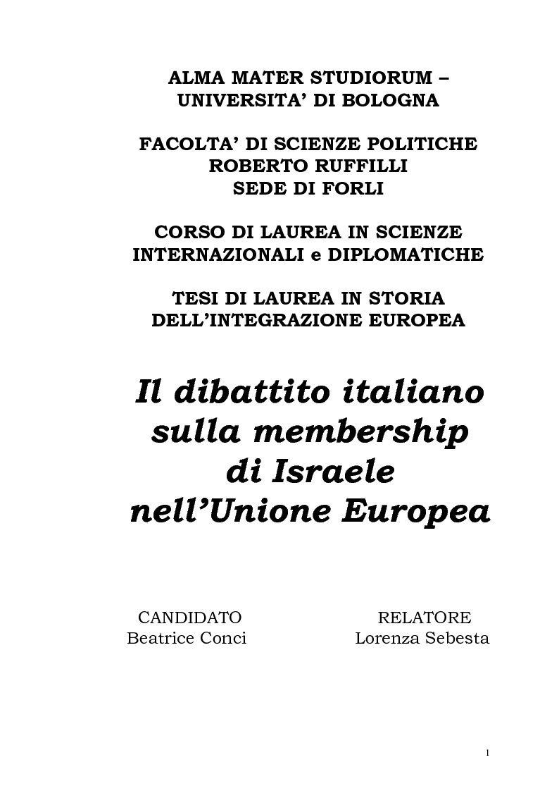 Anteprima della tesi: Il dibattito italiano sulla membership di Israele nell'Unione Europea, Pagina 1