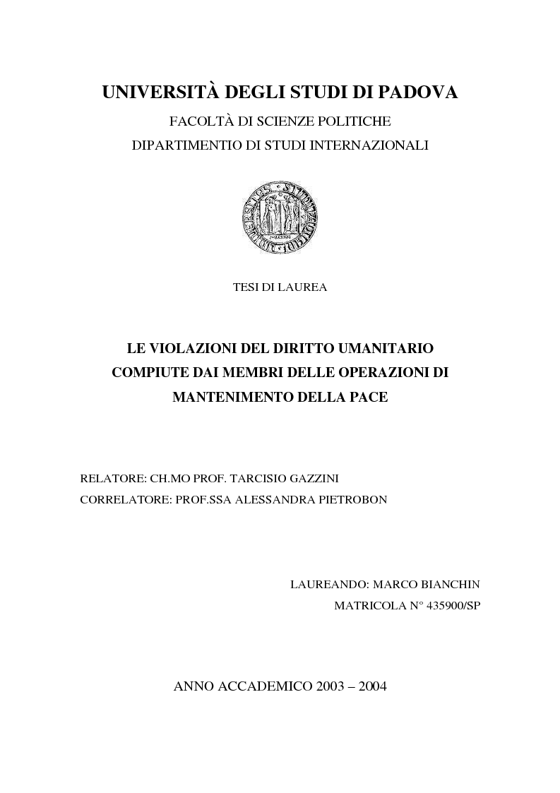 Anteprima della tesi: Le violazioni del diritto umanitario compiute di membri delle operazioni di mantenimento della pace, Pagina 1