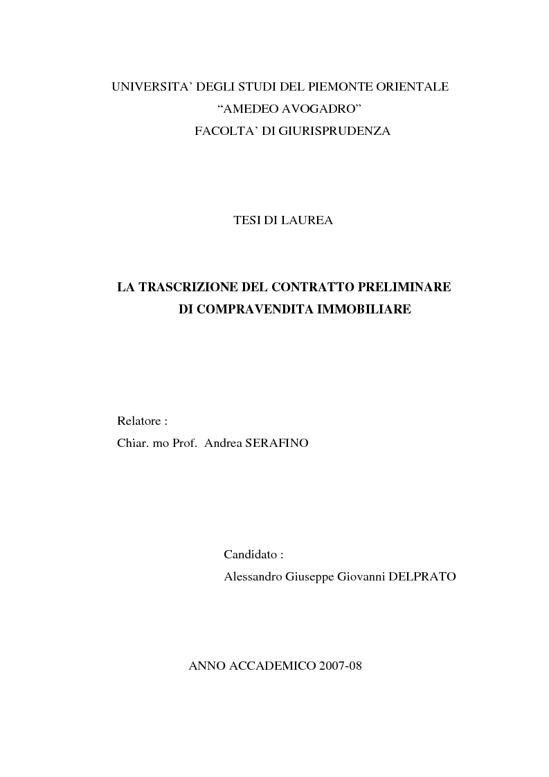 Anteprima della tesi: La trascrizione del contratto preliminare di compravendita immobiliare (diritto civile), Pagina 1