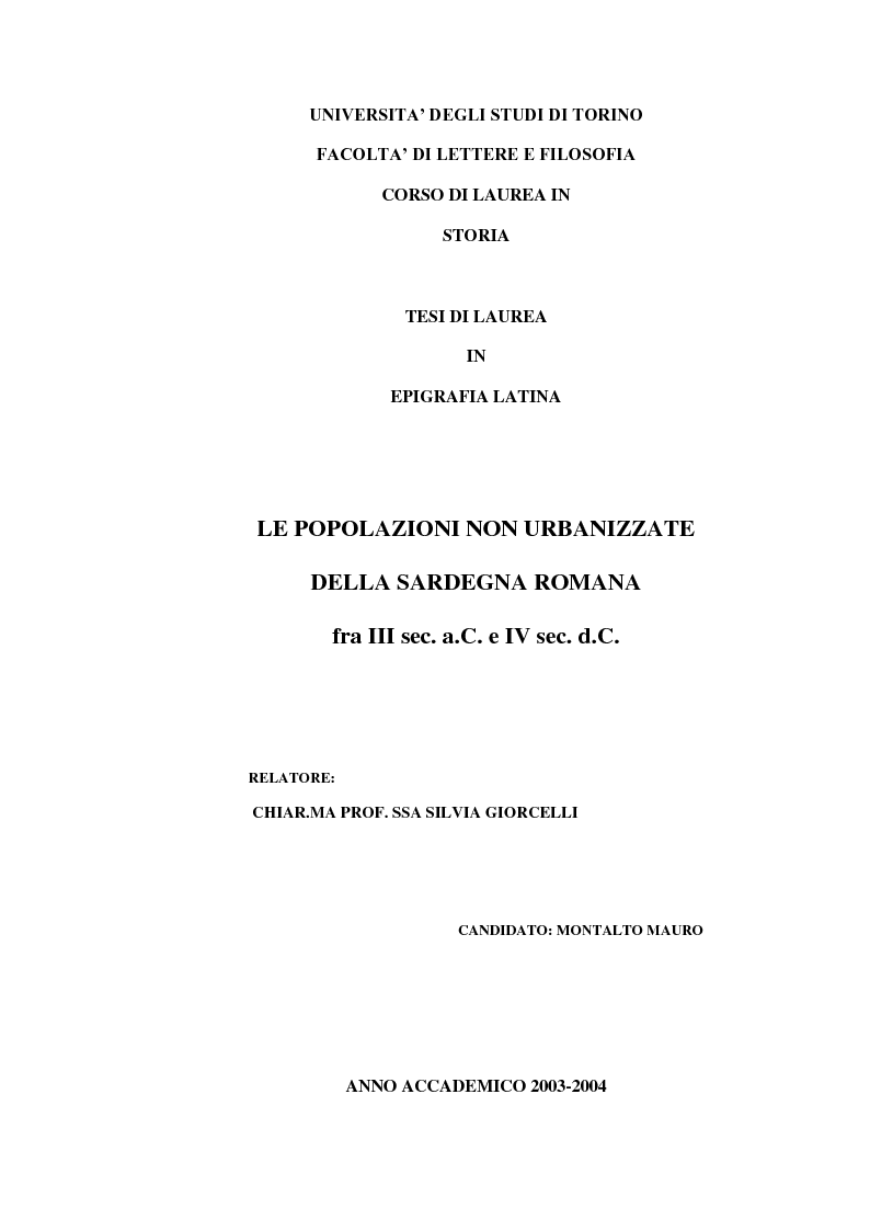 Anteprima della tesi: Le popolazioni non urbanizzate della Sardegna romana fra III sec. a.C. e IV sec. d.C., Pagina 1