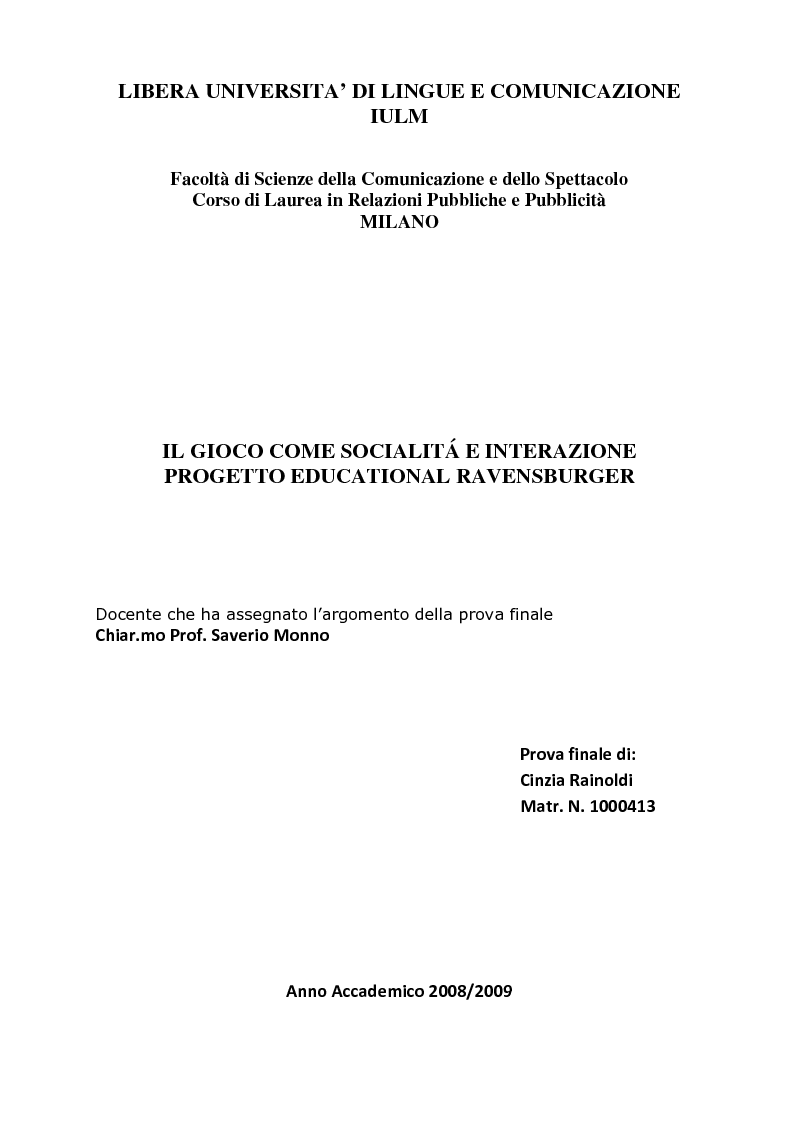 Anteprima della tesi: Il gioco come forma di socialità e interazione. Progetto Educational Ravensburger., Pagina 1