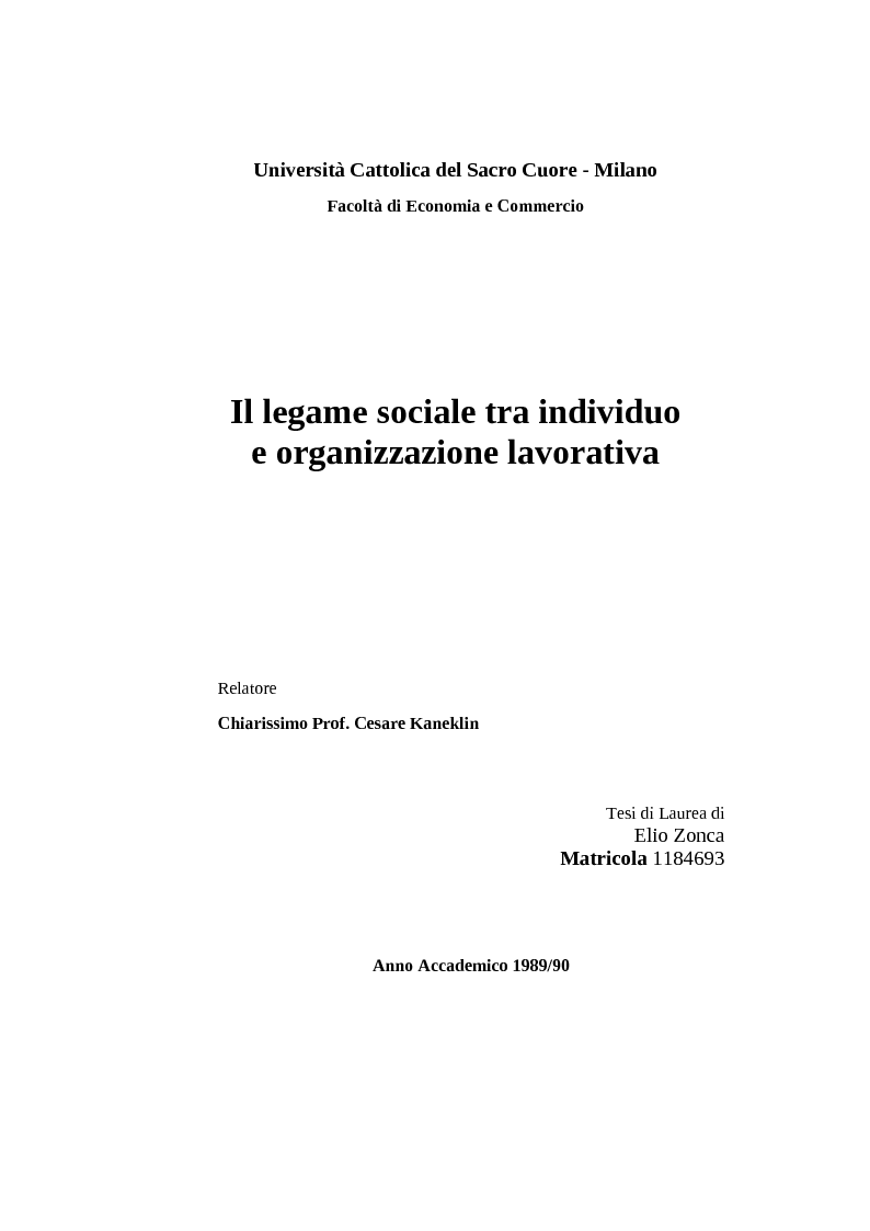 Anteprima della tesi: Il legame sociale tra individuo e organizzazione lavorativa, Pagina 1