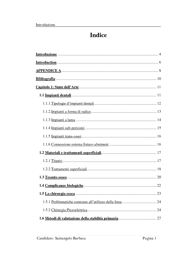 Indice della tesi: Studio della stabilità primaria di perni dentali innovativi inseriti con tecnologia Piezosurgery, Pagina 1