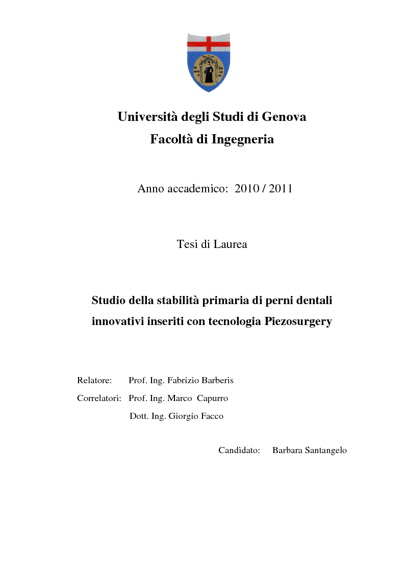 Anteprima della tesi: Studio della stabilità primaria di perni dentali innovativi inseriti con tecnologia Piezosurgery, Pagina 1