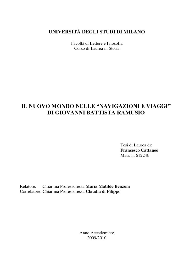 Anteprima della tesi: Il Nuovo Mondo nelle "Navigazioni e Viaggi" di Giovanni Battista Ramusio, Pagina 1