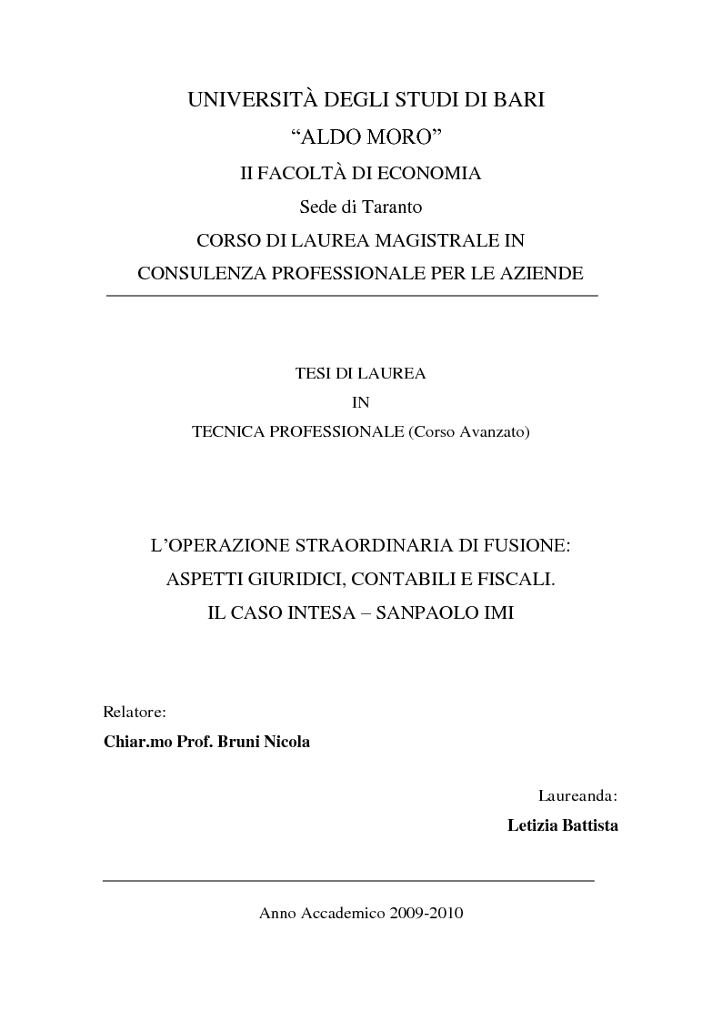 Anteprima della tesi: L'operazione straordinaria di fusione: aspetti giuridici, contabili e fiscali. Il caso Intesa-Sanpaolo IMI, Pagina 1